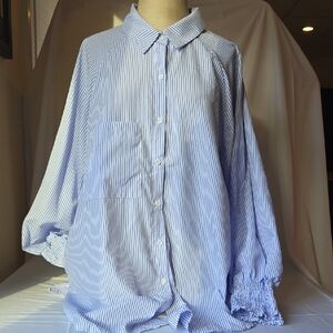 Women's Striped Print Button Front Frill Trim Raglan Sleeve Shirt. Blue/White